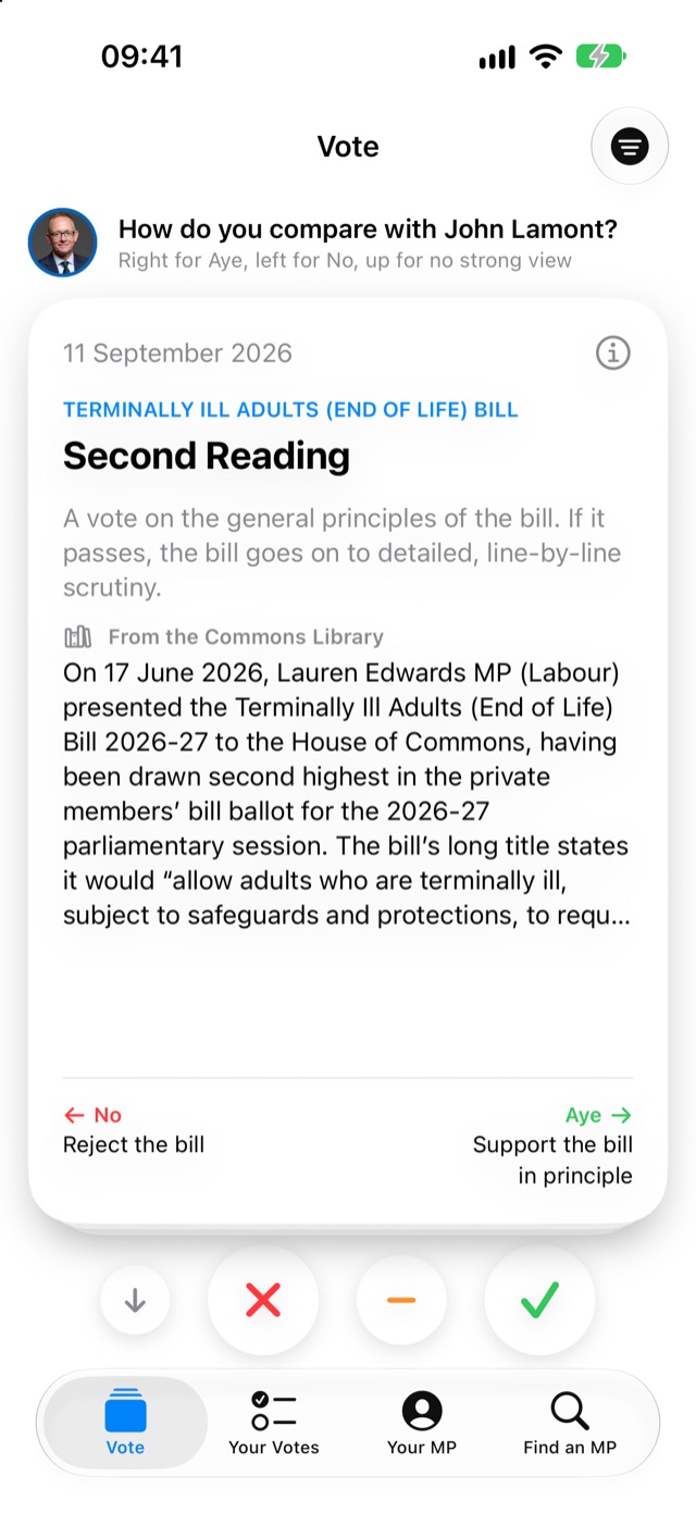 The Vote screen: a card for the Terminally Ill Adults (End of Life) Bill Second Reading, with No on the left and Aye on the right