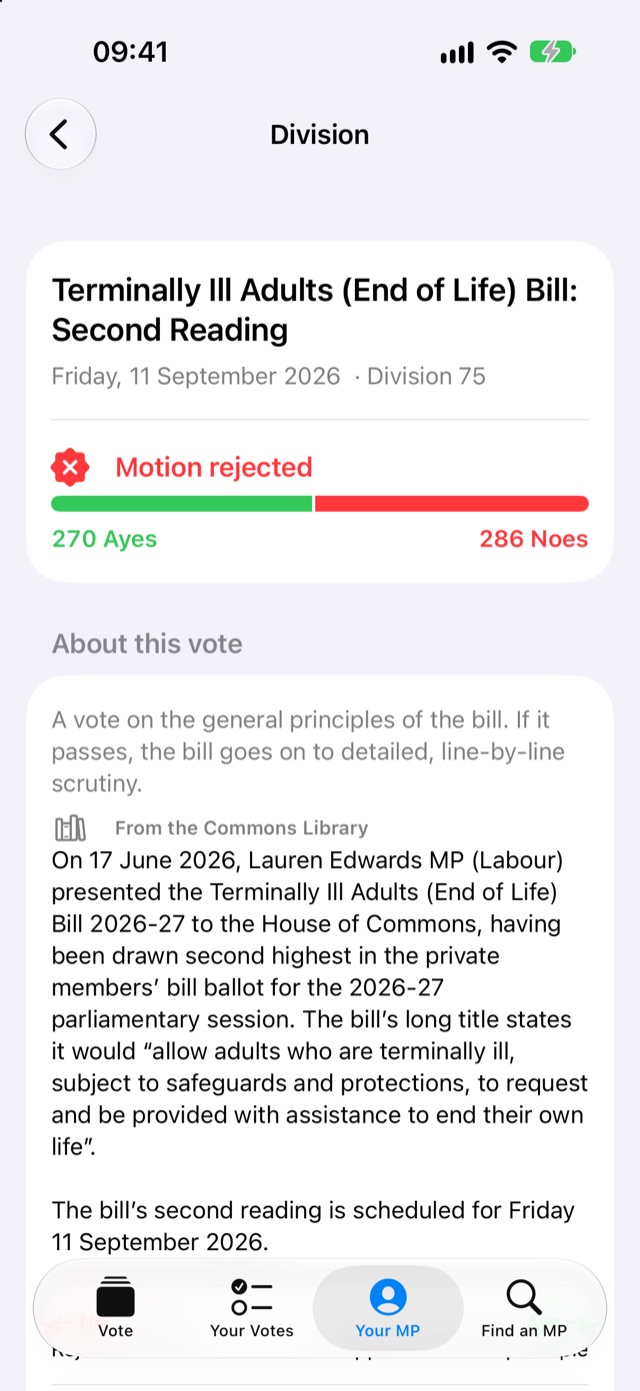 A vote's detail screen: the result, 270 Ayes to 286 Noes, and a Commons Library summary of the bill